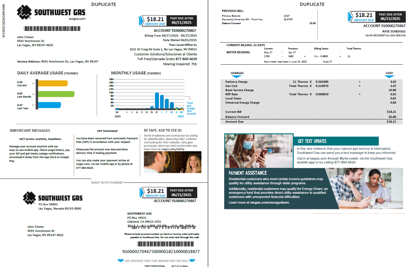 USA Southwest Gas utility bill template in Word and PDF formats, 2 pages